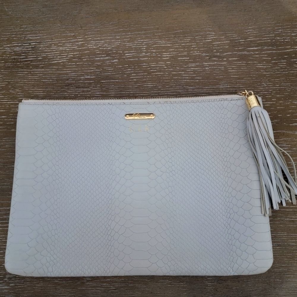 GiGi New York Leather Clutch Heather Gray Python Embossed Large